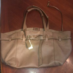 Prwnd Melanie tote bag 100% genuine leather color tan w belt As is”